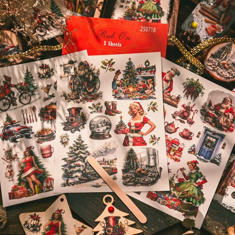 Vintage große Weihnachten Rub-On Aufkleber für Holzform Dekorationen Scrapbooking DIY Bastelbedarf Hobby Weihnachten Transferaufkleber