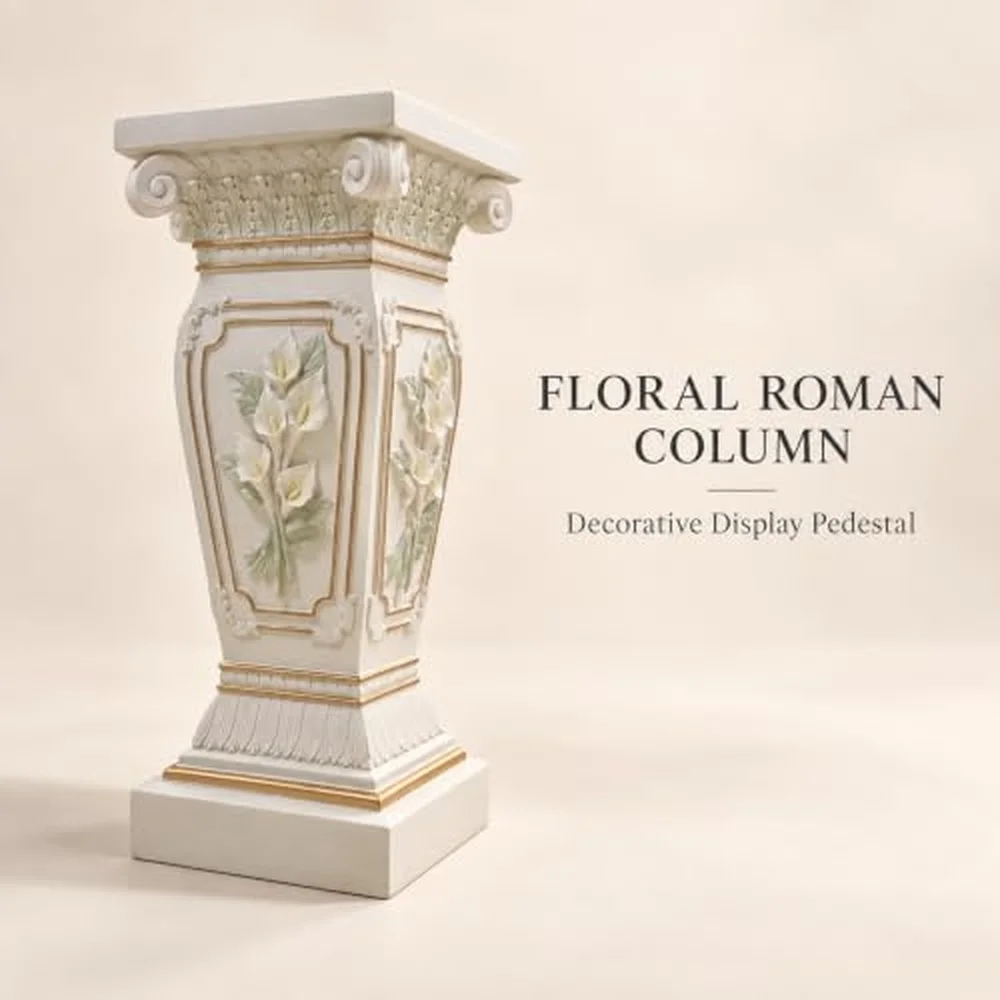 Floral Roman Column Pedestal Resin Decorative Display Stand White 22.06 in Tall