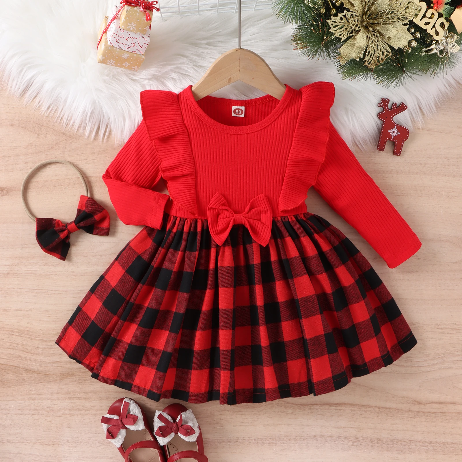 2PCS Autumn New Style 1-4 Year Old Girl Baby Fashionable Sweet Round Neck Red Pit Strip Long-Sleeved Plaid Dress + Hair Band