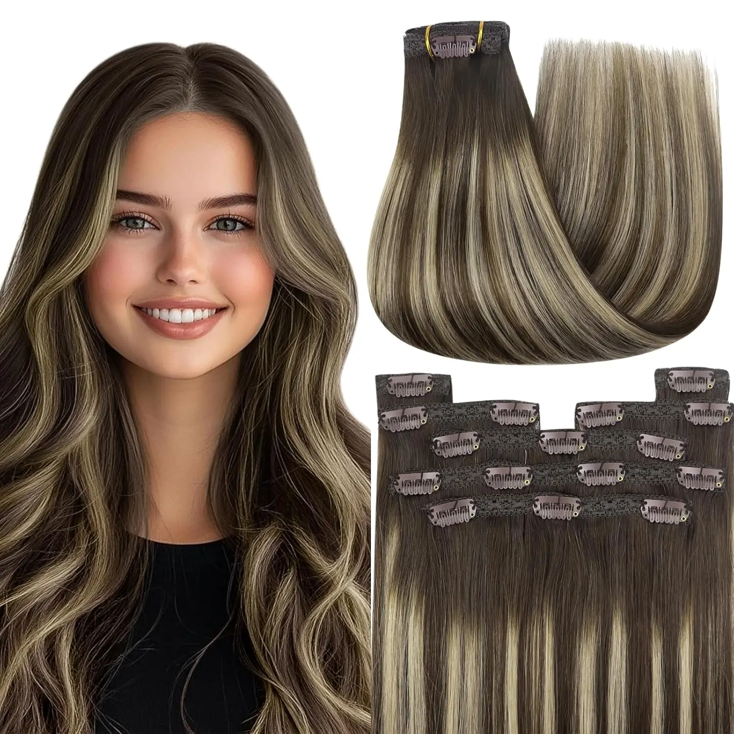 YoungSee Clip on Hair Extension Remy Hair Full Head Clip In Natural Hair Balayage Blonde Color  14-24inches 70-105G