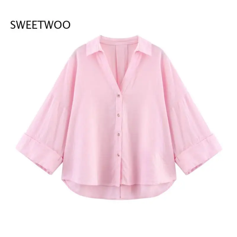 Women's Spring Linen Wide Sleeve Shirt - Asymmetric Hem Button Down Collar Casual Blouse