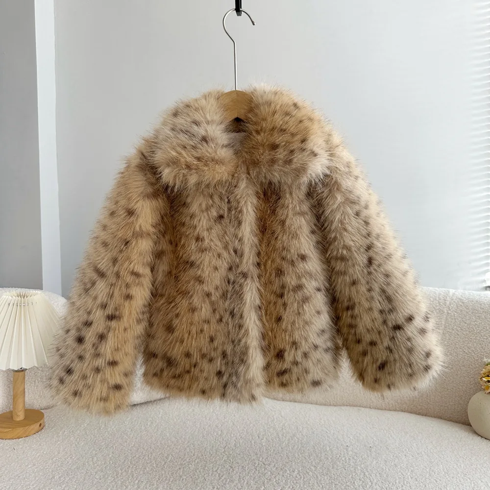 

Children Faux Fur Coats Short Fur Jackets Leopard Spot Square Collar Long Sleeves Coverd Button Loose Casual 2025 Autumn Winter