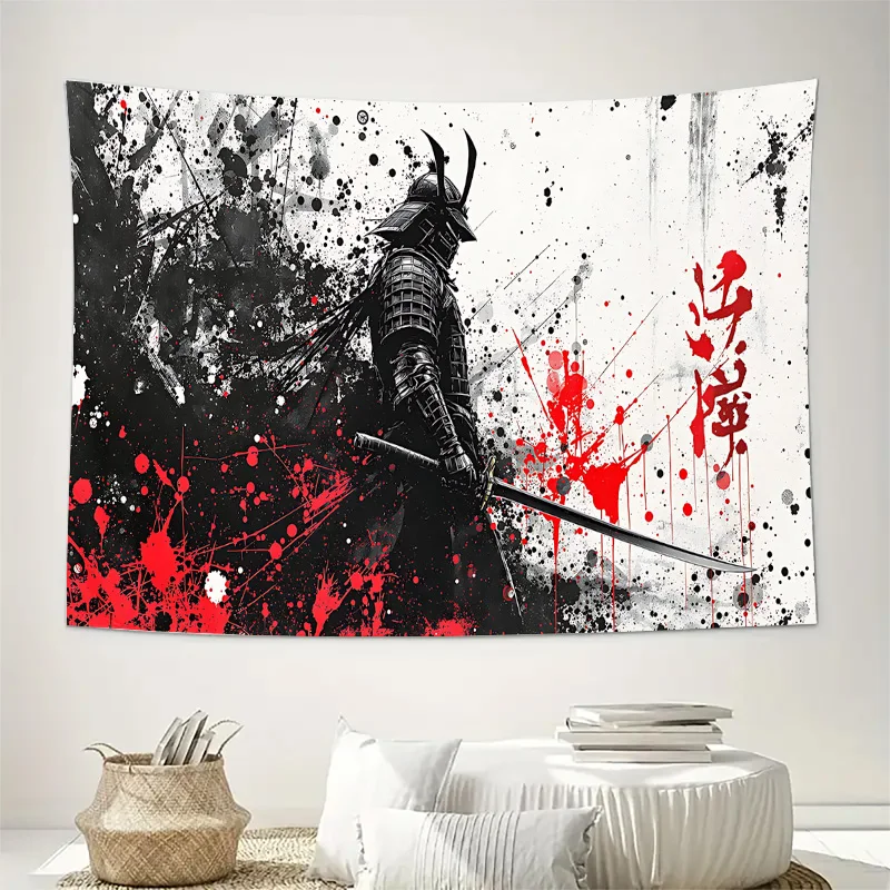 Samurai in Black Armor with Red Ink Splatter and Japanese Kanji Wall Tapestry Machine Washable All Season Decor Print Home