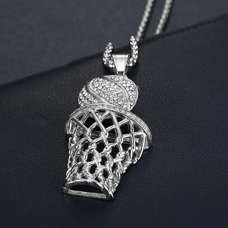 Hip hop accessories - stainless steel rhinestones basketball net frame pendant necklace