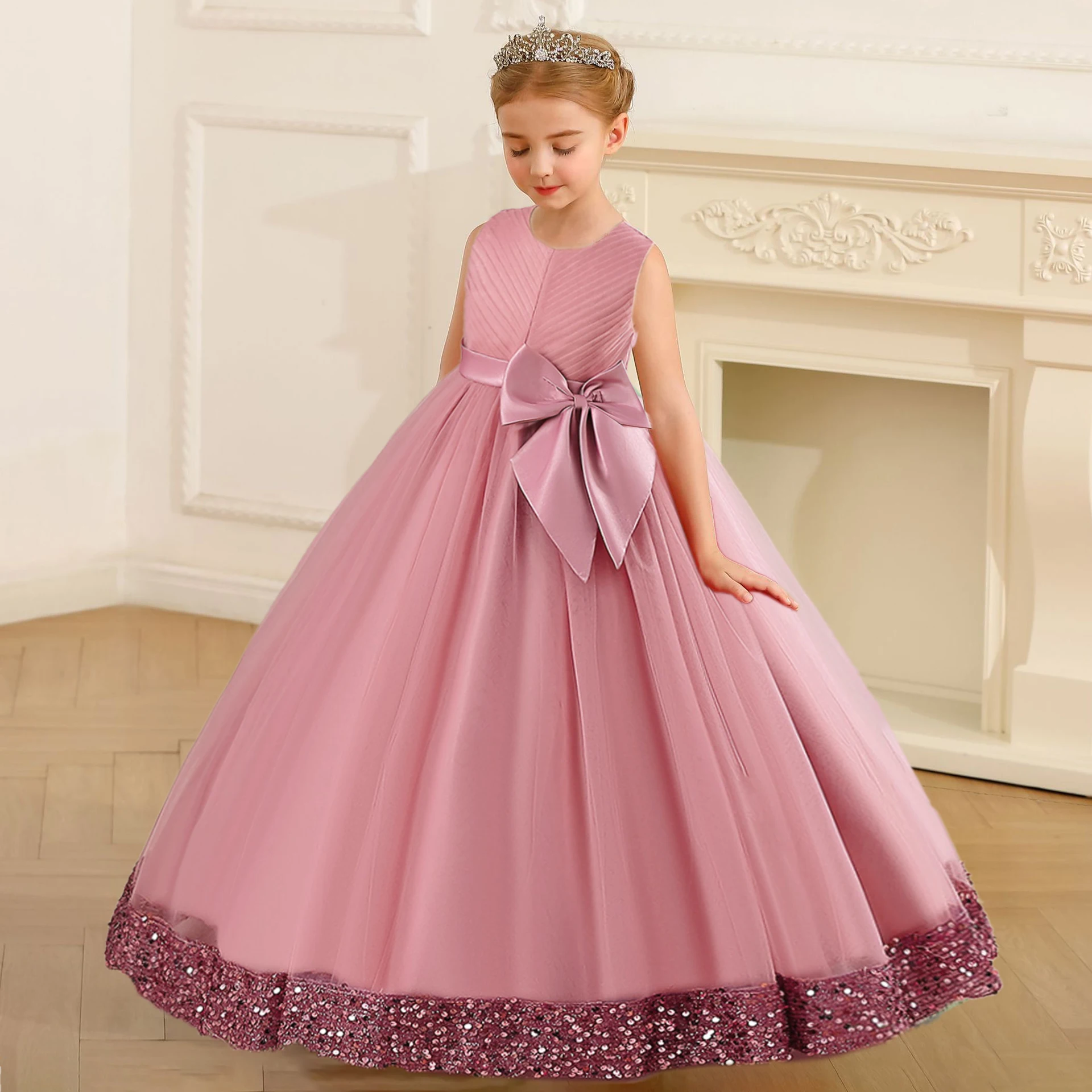 Fluffy Sequin Bridemaid Princess Girls Dress Elegant Big Bow Pink Wedding Prom Evening Kids Party Dresses for Girl Birthday Gown