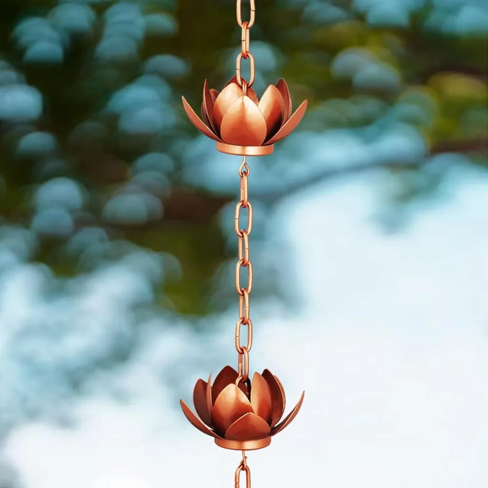 8.5ft Rain Chain for Gutters Downspouts Outside, Copper Plated Lotus Rain Chain Cups, Functional and Decorative Replacement for