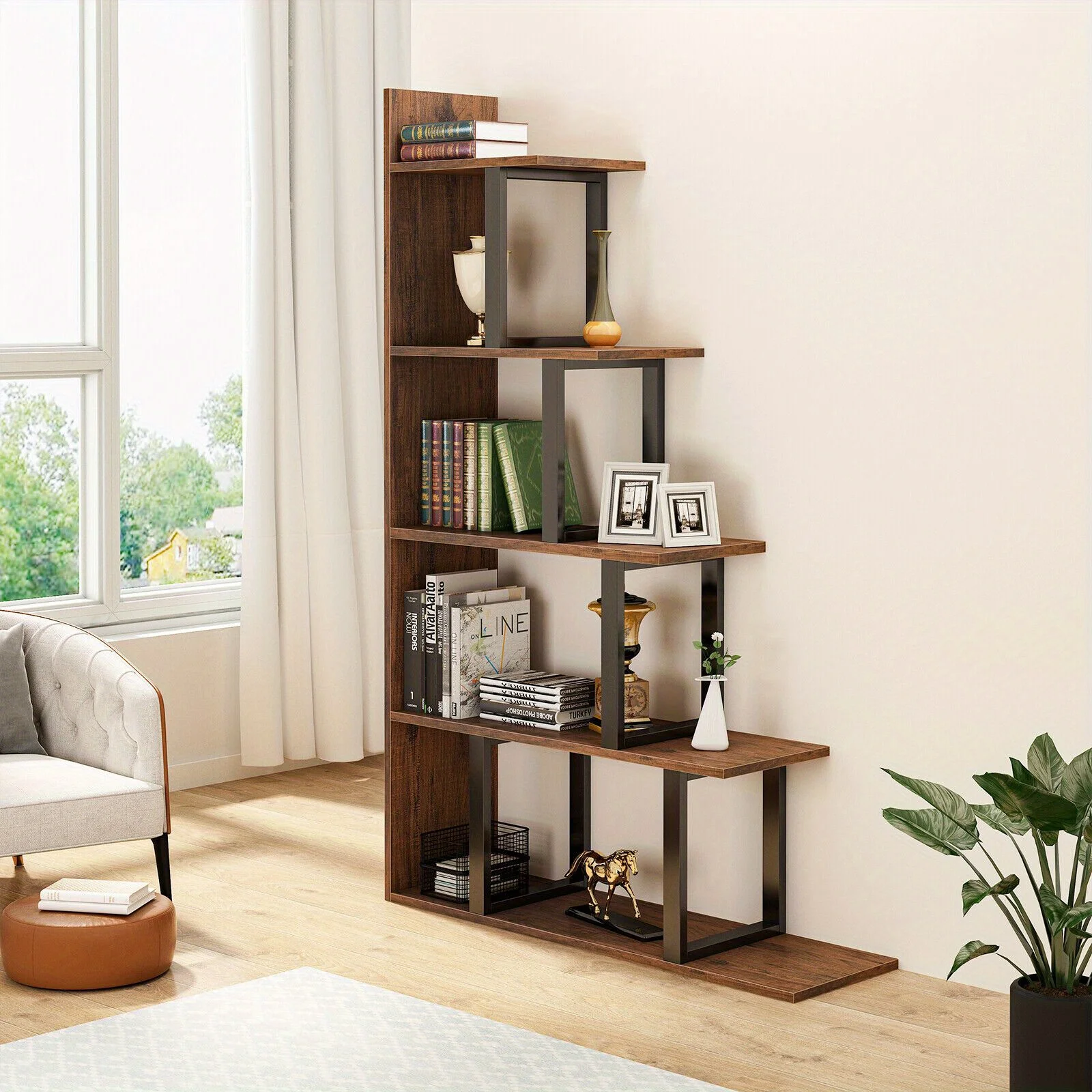 Ladder Corner Bookshelf 5 Tier Bookcase Storage Display Wood with Open Shelf