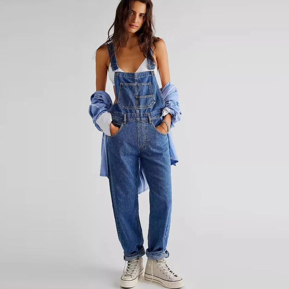 

Womens Demin Overalls Vintage Loose Jumpsuits Jeans Wide Leg Korean Style Thick High Waist Straight One Piece Baggy Bib Overalls