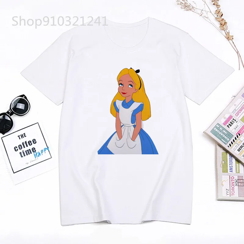 Cute Cartoon Women T Shirt Alice In Wonderland T-Shirt Girls Printing Trendy Harajuku Tshirt White Graphic Tops Female Clothing