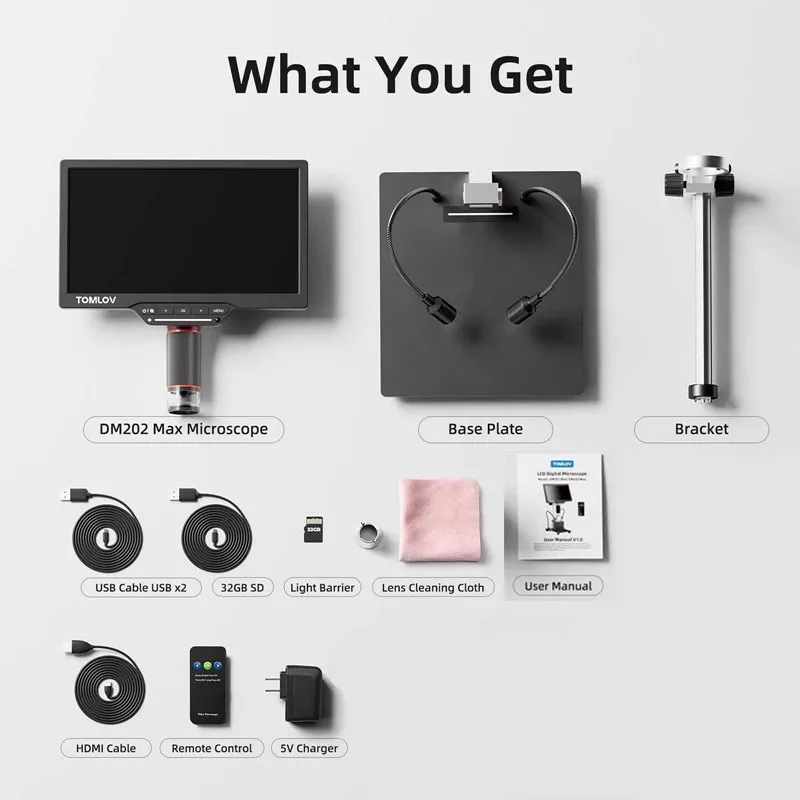TOMLOV DM202 Max Digital Microscope 1300x, HDMI Microscope Camera 25MP 10" LCD IPS Screen Video Soldering Microscopio Magnifier