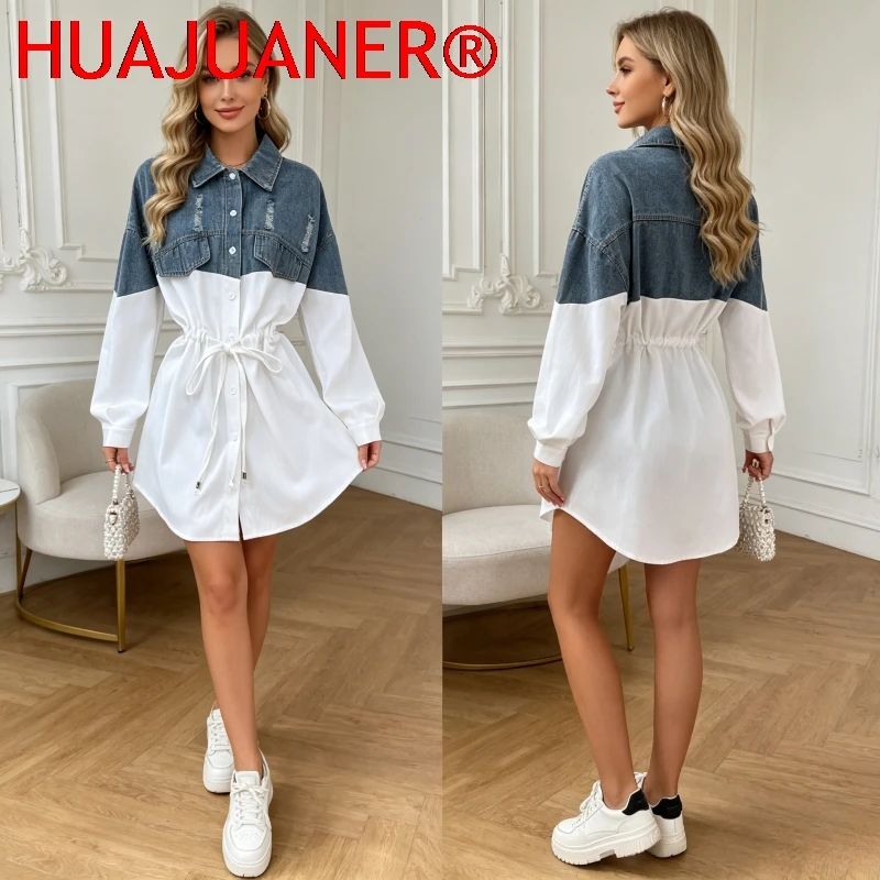

Women Shirt Top Denim Mini Dress Patchwork Ripped Single Breasted Drawstring Lace Up Tight Waist Washed Vintage Overshirt 2026