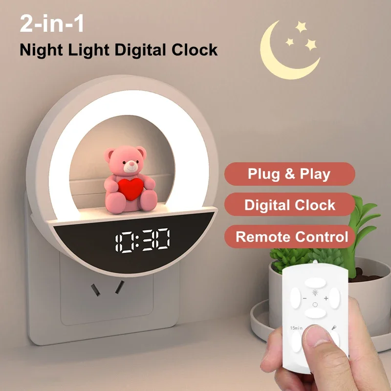 

Night Lights with Colck Remote Control Bluetooth EU Plug Into Wall LED RGB Cool Lighting Soft Light Cute Christmas Gift for Kids