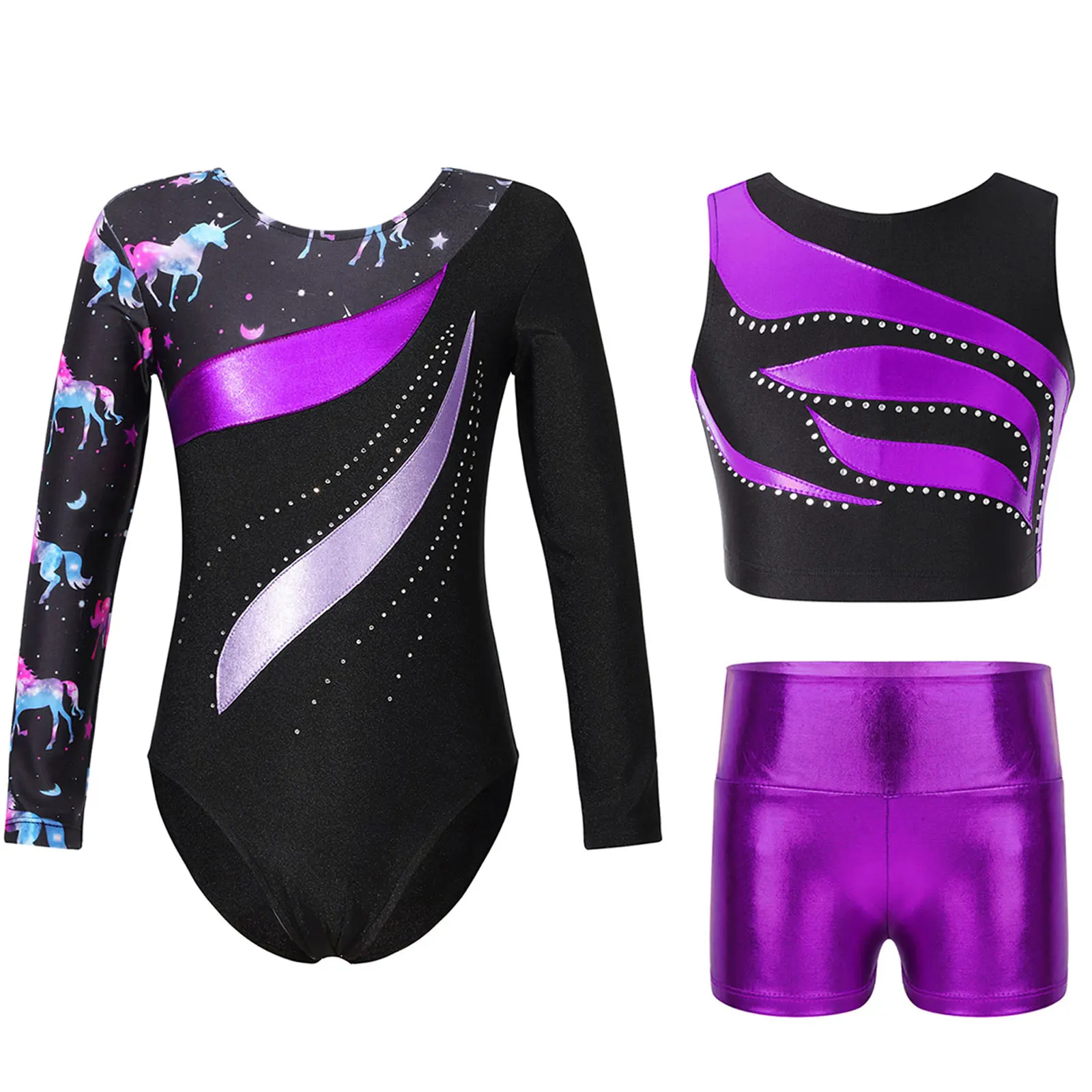 Kids Dancewear Sets Gymnastics Jumpsuit for Girls Ballet Dance Outfit Yoga Bodysuit Children Figure Skating Leotard Top Shorts