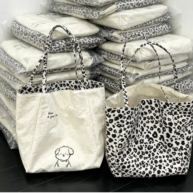 Double‑sided Use Canvas Shoulder Tote Bag Leopard Puppy Print Large Capacity Handbag Casual Student Commuter Daily Carry Bag