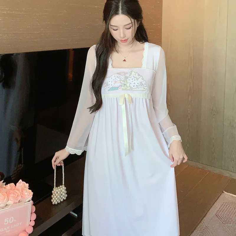 Female New Chinese Court Style Long Nightgown Embroider  Mesh Bathrobe Sleepwear Summer Nightdress Casual Modal Home Wear