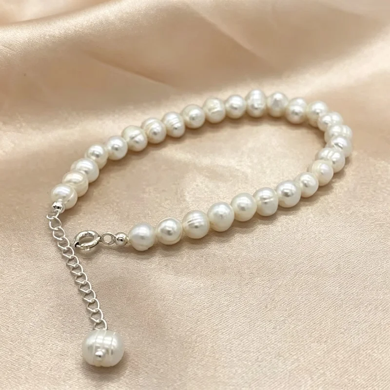 6-7mm Perlen armband für Frauen natürliche Süßwasser perle Sterling Silber Strang Armbänder – Detail 2