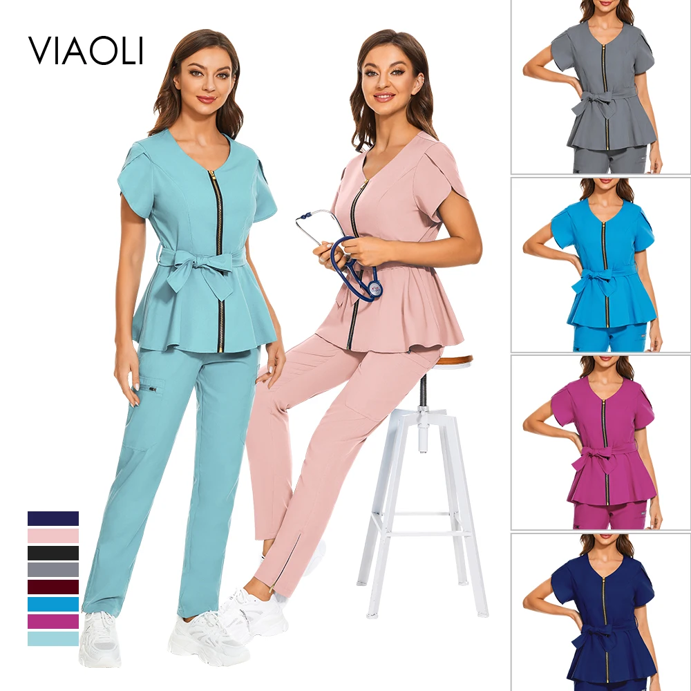 Hot Selling Medical Elastic Scrubs Fashion Doctor Nurse Work Clothes Women Beauty Salon Spa Uniform Pharmacy Healthcare Uniforms