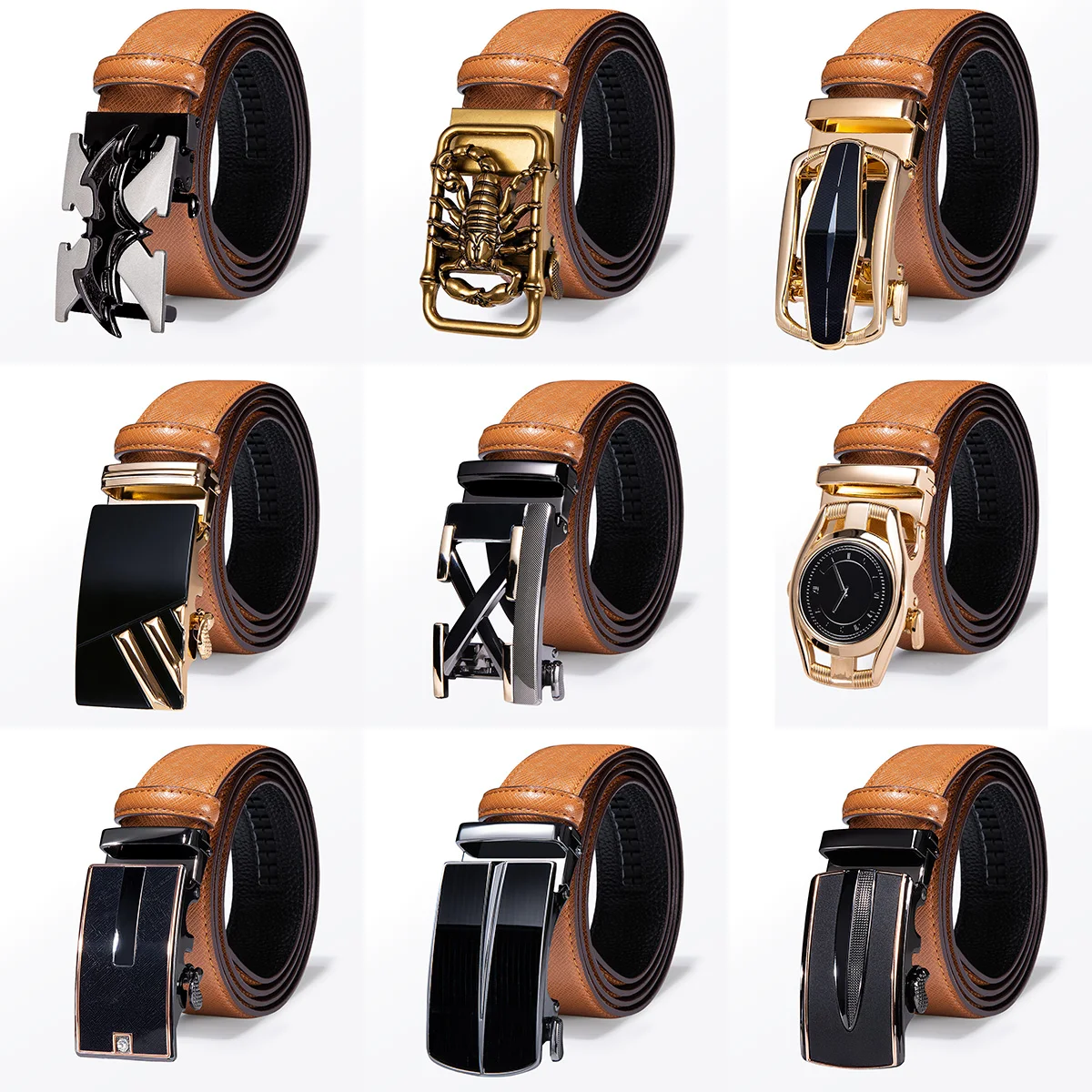 Hi-Tie Men\'s Orange Brown Belt for Jeans New Yellow Green Blue Leather Jeans Belts Fashion Cowboy Genuine Leather Belt Strap