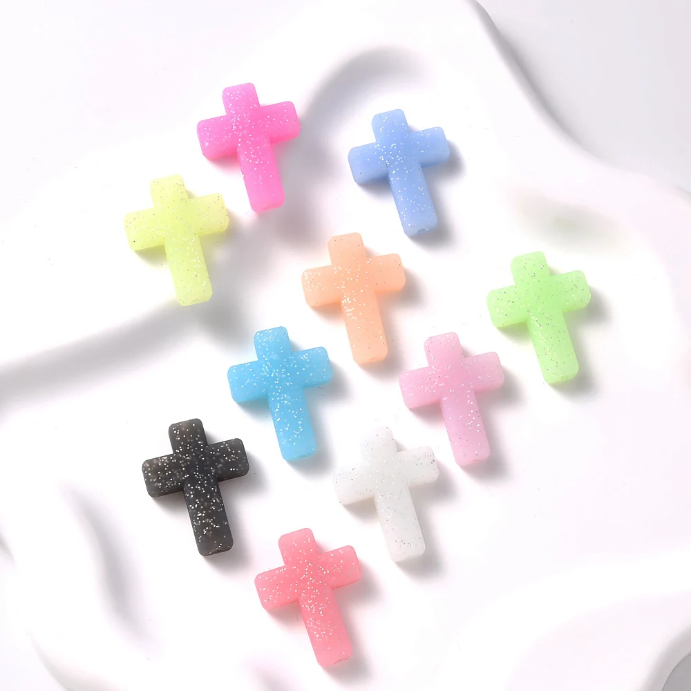 10Pcs Silicone Cross Luminous Beads with Fine Glitter Spacer Loose Beads Jewelry Accessories Phone Chain Making Diy Material