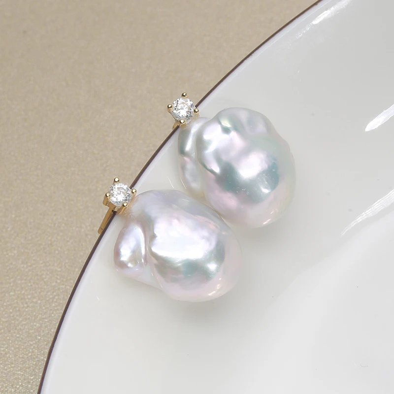 100% Natural Fresh Water Pearl 925 Sterling Silver Big Baroque Pearl Earrings 15-25mm Simple Classic Zircon Princess style  EE