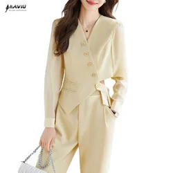 NAVIU Spring Suit Top trousers Two Piece Sets Women Kores Fashion Office Lady V Neck Lrregular Design Sense Wide leg pants Sets