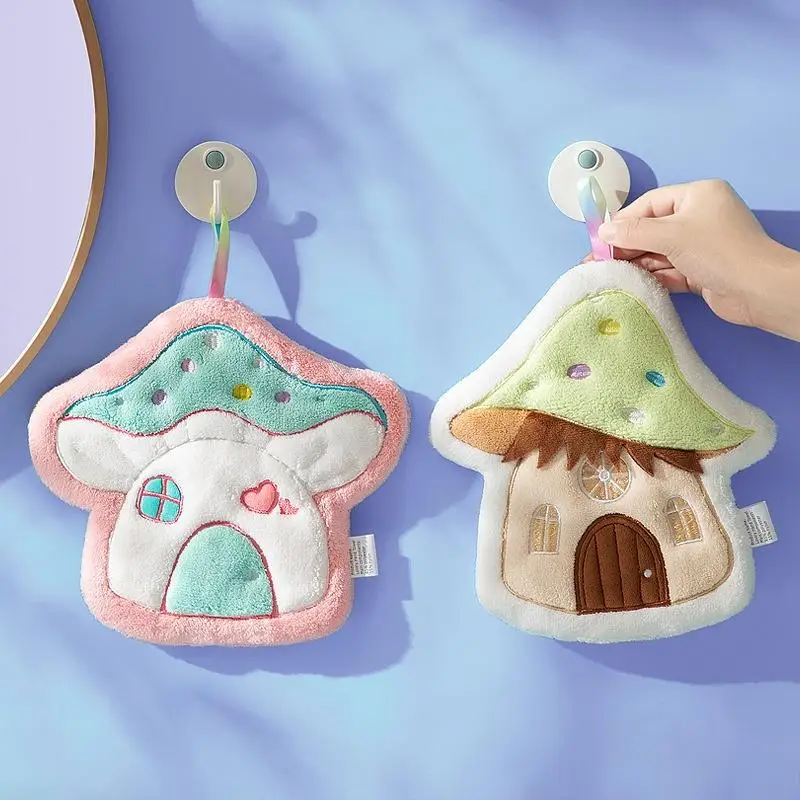 Cute Mushroom Hanging Household Towel Quick Drying Kitchen Towel Cleaning Rag Coral Velvet Hanging Towel Bathroom
