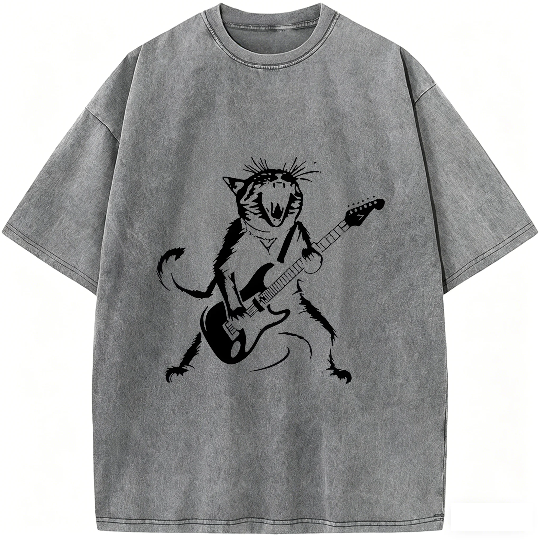 cat playing guitar at a rock concert, a fun guitar cat playing electric guitar, comfortable loose-fitting T-shirt