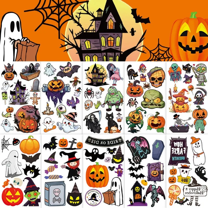 10PCS Cartoon Halloween Tattoo Stickers Ins Style Festival Atmosphere Wrist Arm Stickers Easy To Clean and Lasting Wholesale