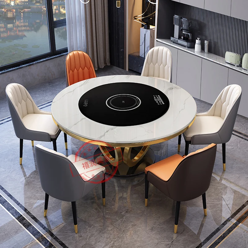 

Light Luxury Rock Plate Round Dining Table Chair Combination Embedded Electric Turntable Table Mesa Comedor Home Furniture