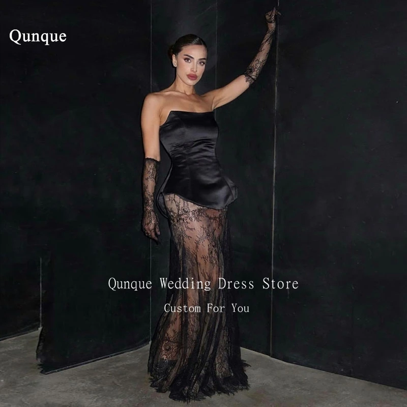 Qunque Lace Appliques Eveneing Dresses Illusion See Through Black Prom Dress women Elegant Party Vestidos De Diesta Customized