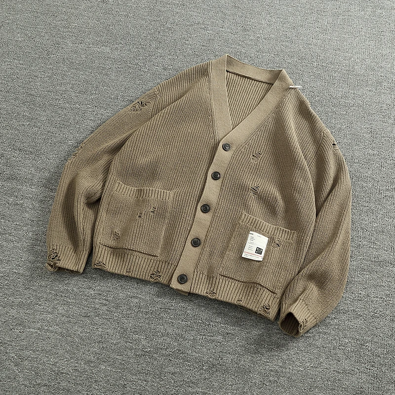 

Heavyweight Lazy Sle Large V-Ne Open Cardigan Knitted Sweater Men Loose Personali Destruction Old Loose Long Sve Swe...