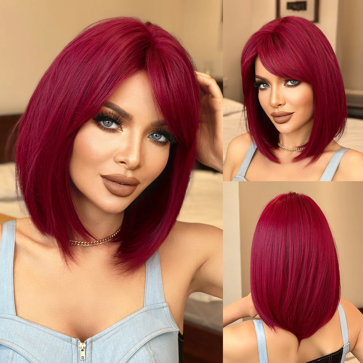 

NAMM High Density Short Straight Wine Red Bob Wig for Women Heat Resistant Synthetic Layered Hair Wigs with Neat Bangs