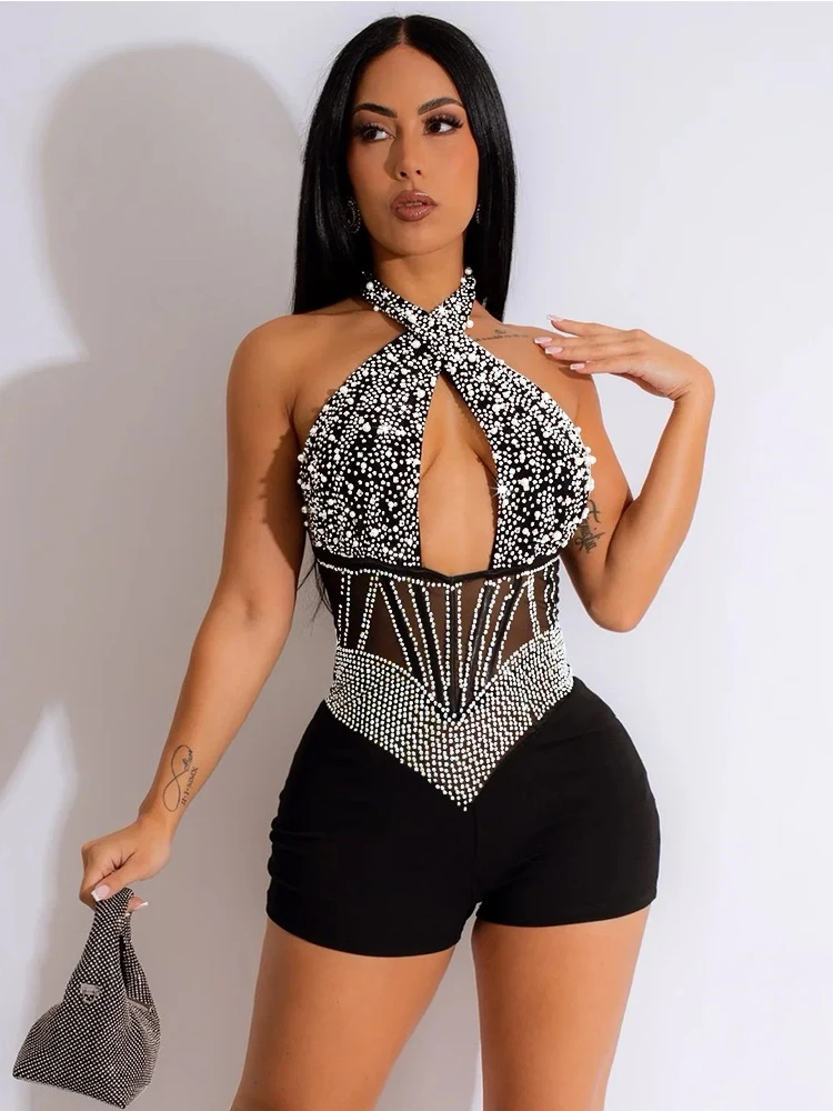 

Sexy Sleeveless Short Jumpsuit Women 2024 Fashion Summer Mesh Hot Diamond Bodysuit Neck Hanging Solid Color Female Jumpsuit