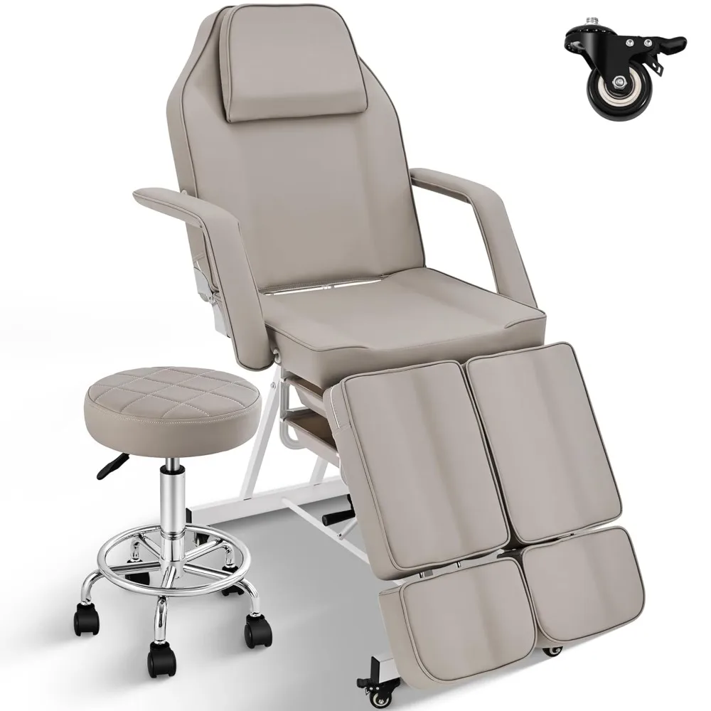 

Gray Tattoo Chair for Client Split Leg, Tattoo Bed Table with Rolling Stool on Wheels, Adjustable Esthetician Lash Spa Facial Ch