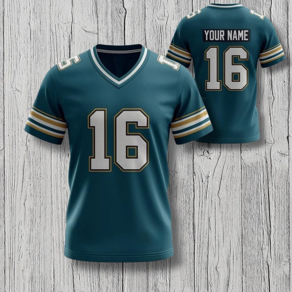 Custom Football V Neck Jersey Shirt Teal Gold Style All Over Print Tee Unisex Personalized Number Fan Game Day Sports Gift