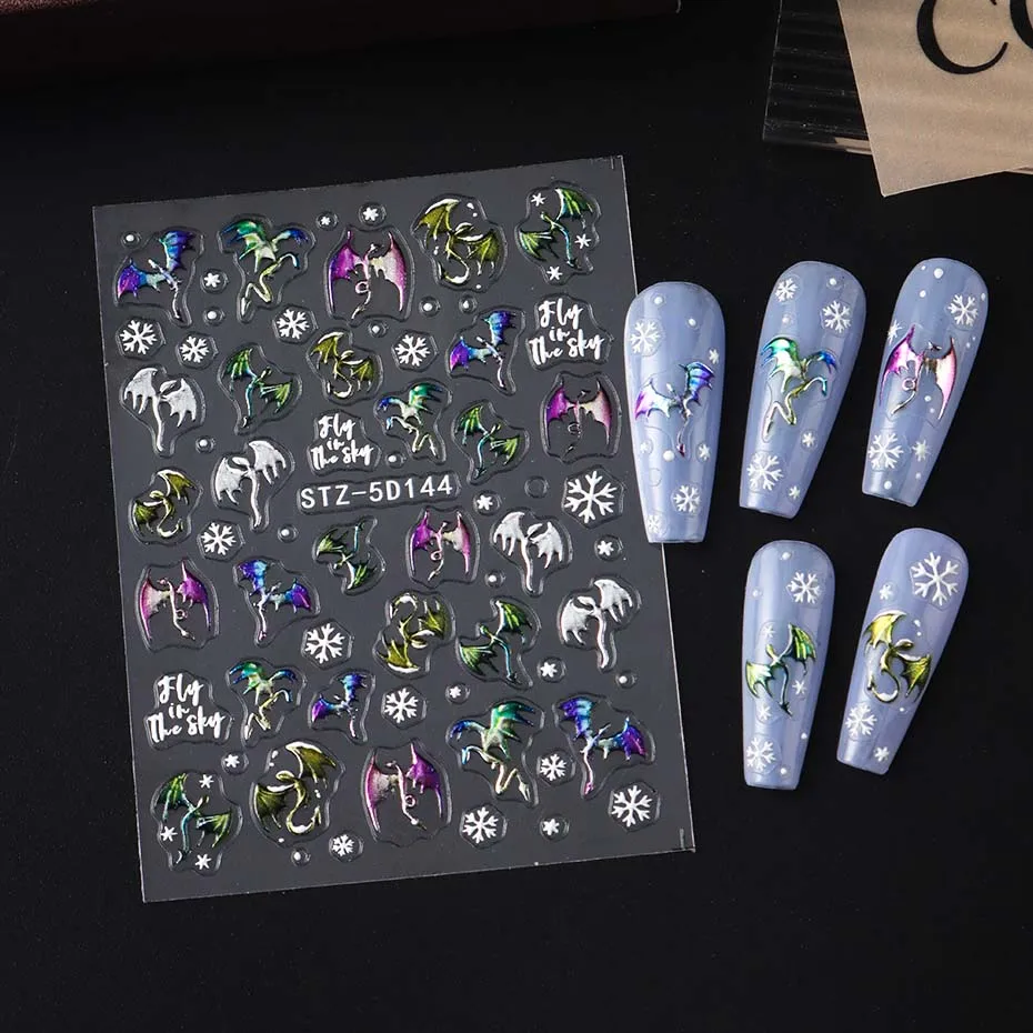 1/2 Stück 5D geprägte metallische bunte Drachen-Nagelaufkleber Schneeflocken selbstklebende DIY-Nagelaufkleber Sliders Maniküre-Dekorationen – Detail 7