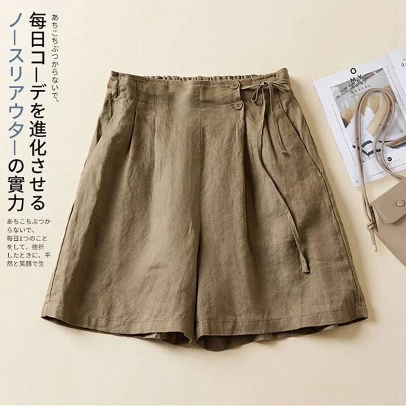 Women's Summer Linen-Cotton Shorts Loose Fit Elastic Waist Casual Breathable Solid Color Lightweight Thin Shorts