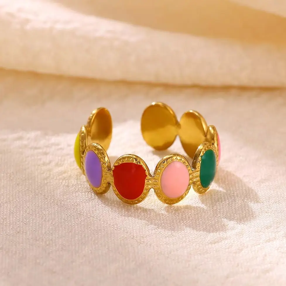 Bunte, oval geformte Fingerringe mit Öltropfen-Design für Frauen, Edelstahl, geometrisch, verstellbar, stilvolle Schmuckaccessoires.