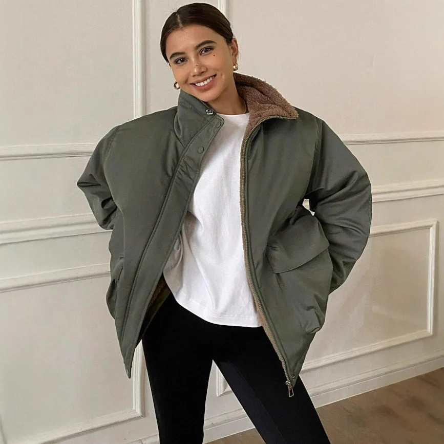 

Утолщенное стильное хлопковое пальто с длинными рукавами на флисовой подкладке из 100% хлопка для женщин