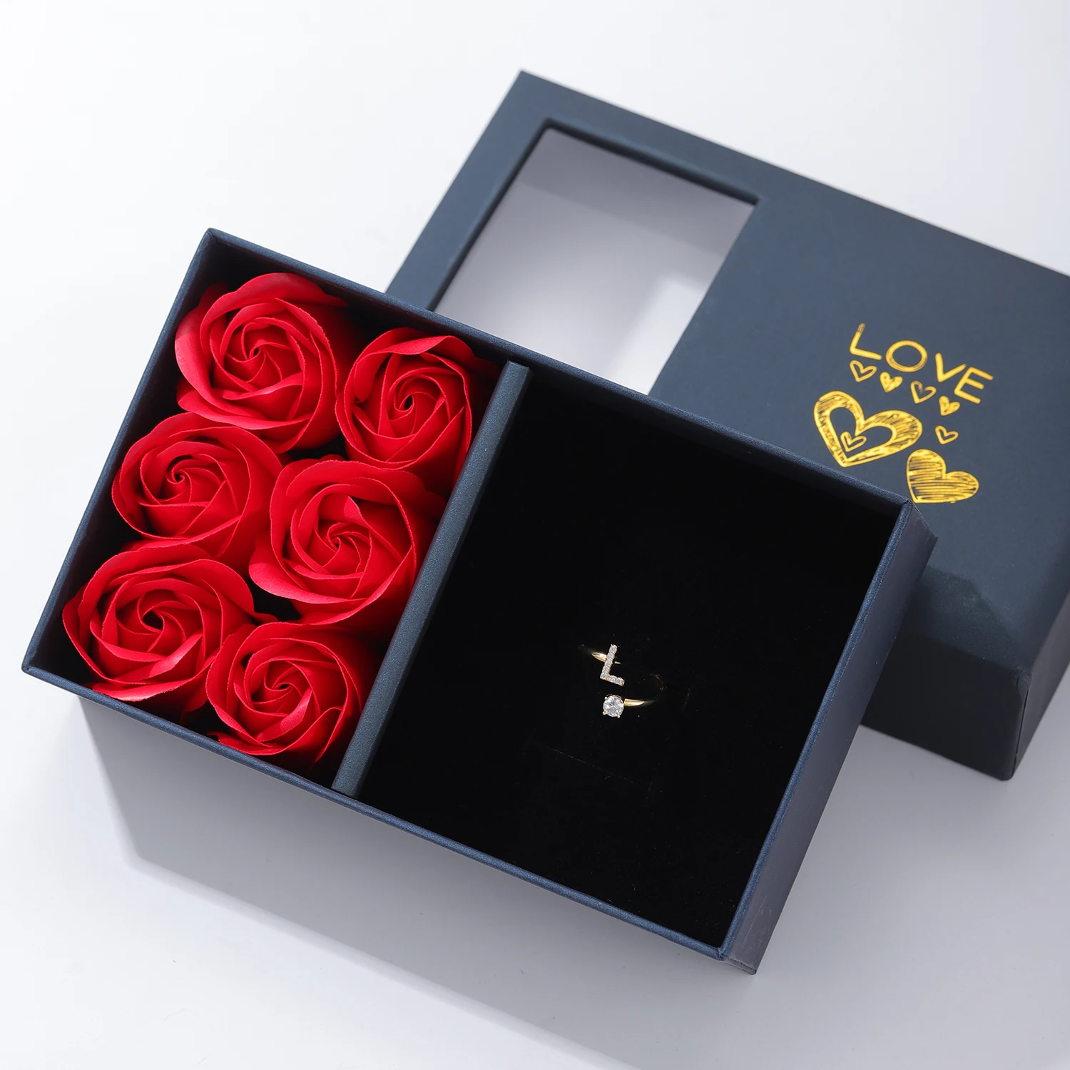 

Персонализированное кольцо для пары с цирконием и подарочной коробкой с цветком розы, подарки на Рождество для женщин, кольцо с буквенным принтом на День святого Валентина