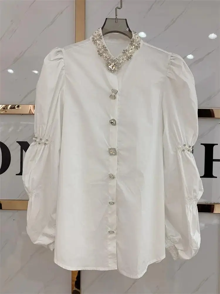 Luxury Heavy Sparking Diamonds Beaded Stitch Mid-Length Cotton Shirts and Blouses For Women 2024 New In Long Sleeve Top Blusas