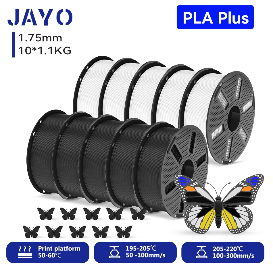 JAYO 10 Rollen PLA+ Filament 1,75 mm PLA Plus 3D-Drucker-Filament 1,1 kg/Rolle für FDM, ordentlich gewickelt, farbenfrohes 3D-Druckmaterial für 3D-Drucker & 3D-Stifte