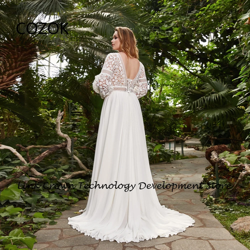 COZOK V Neck Wedding Dresses for Women 2024 Summer Full Sleeve Chiffon Bridal Gowns with Lace New Court Train Vestidos De Novia