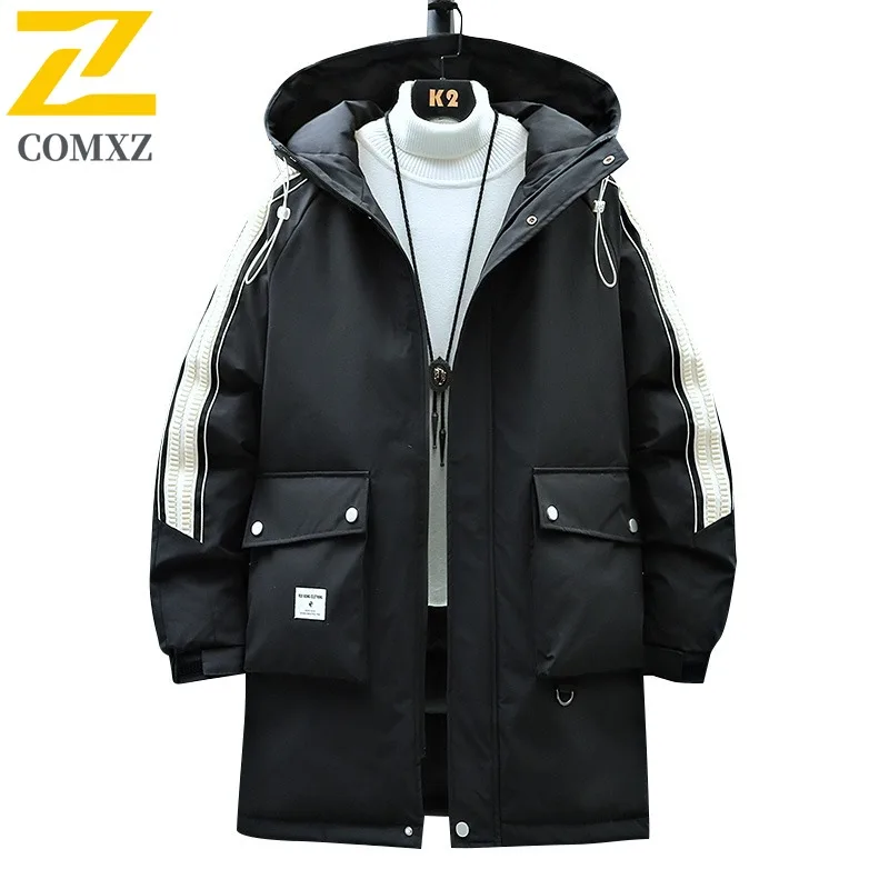 COMXZ Men Duck Down Mountain Hooded Waterproof Long Jacket American Style Vintage Winter Cotton-padded Outdoor Lightweight Coat