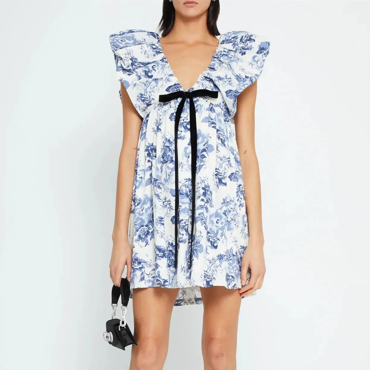 Y2k Vintage Summer Women Floral Print Mini Dress Boho V Neck Puff Sleeve Short Dress Bow Tie Flowy Dress Fashion Beach Sundress