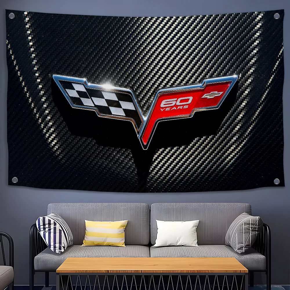 سباق السيارات-W-CORVETTEs-شعار العلم غرفة نوم المنزل وفي الهواء الطلق الجدار الشنق الحفل مطبوعة خلفية الديكور الفن راية