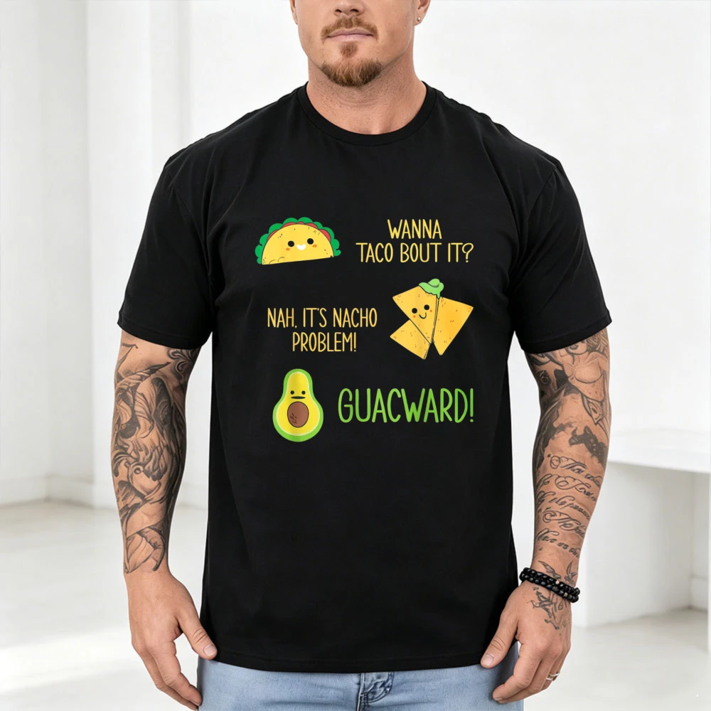 Taco Nacho Guac Pun Cartoon Print Men Cotton T-shirt Unisex Summer Short Sleeve Mexican Food Lover Casual Soft Fashion Apparel