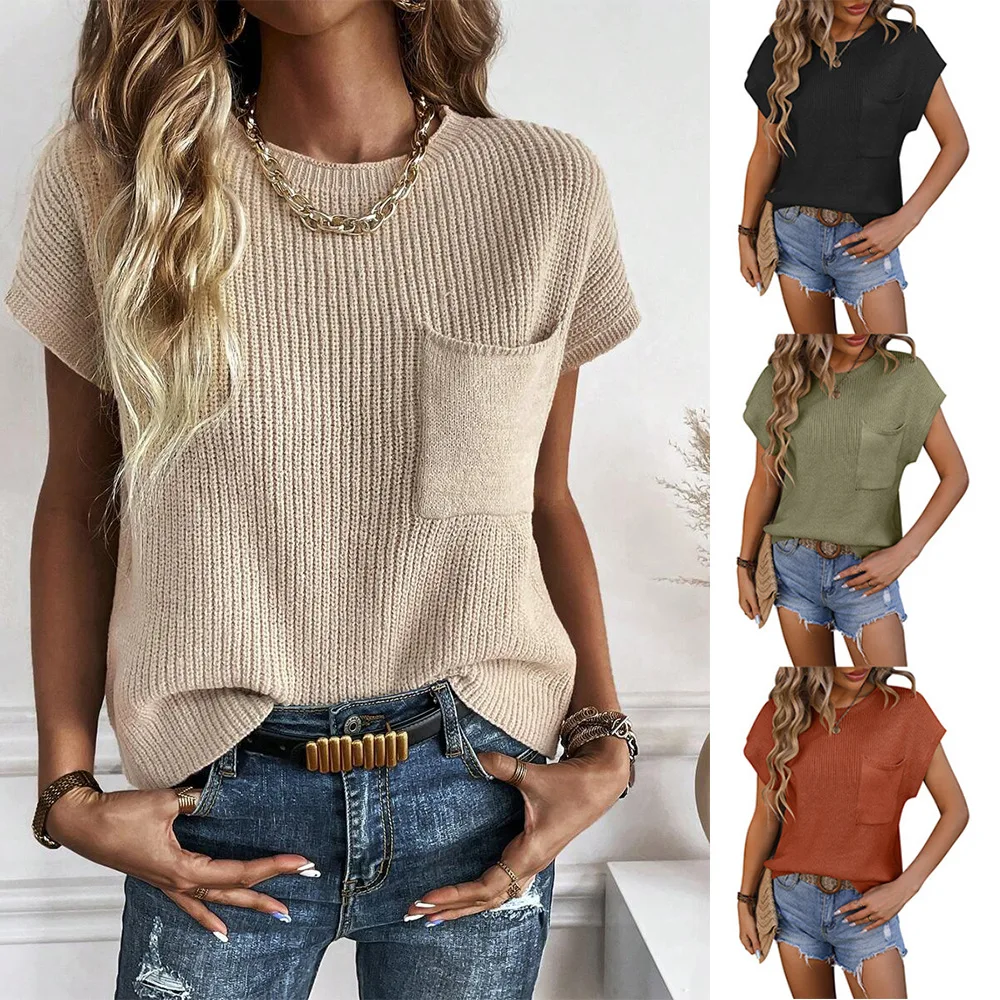 Spring Summer Women Sweater T-shirt Female Knitted Pocket O-neck Tops Women's Casual Loose Short Sleeve Knitwears Pullovers