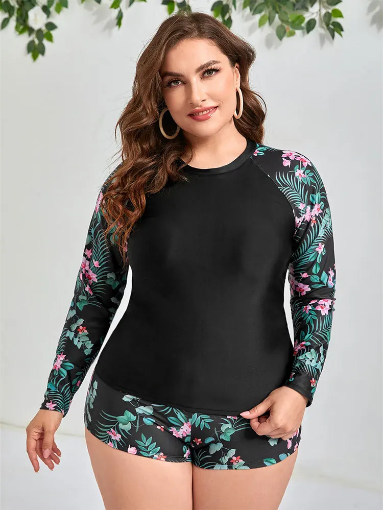 WackDaria Women Big Size Swimsuit Long Sleeve Surfing Bathing Suit Floral купальник слитный Beach UV Protection