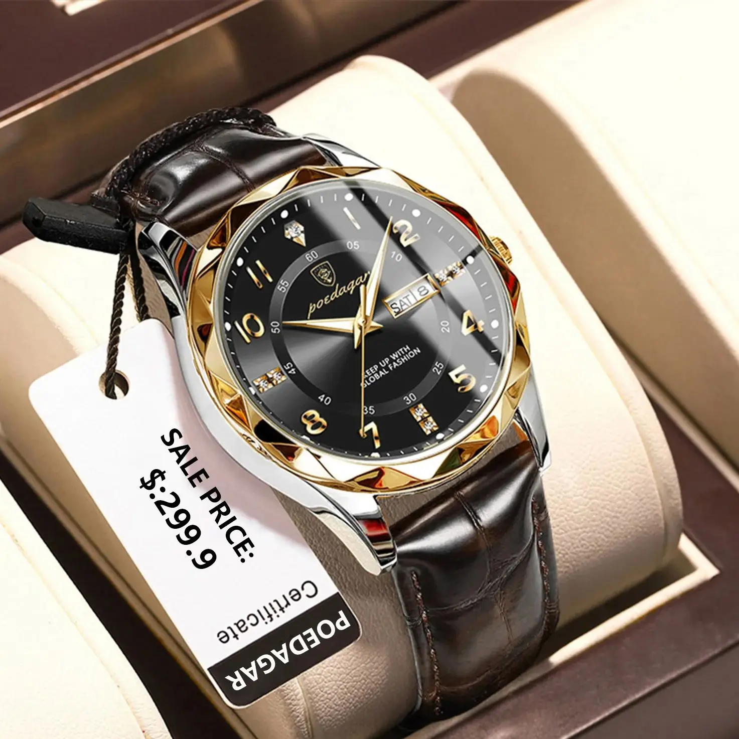 포에다가 남성용 비즈니스 고급 시계, 패션 쿼츠 가죽 남성 시계, 방수 야광 날짜 요일 남성 손목시계 렐로즈